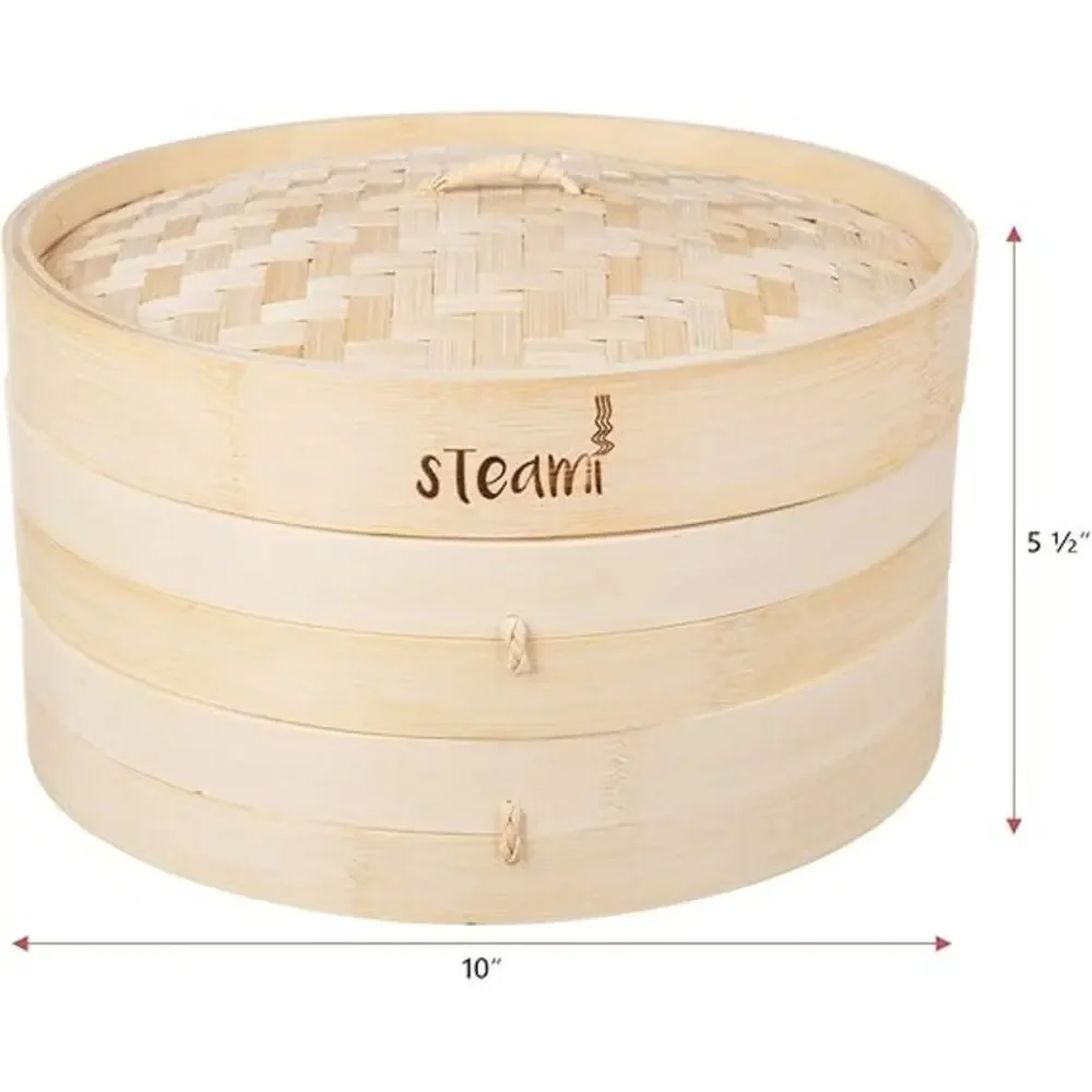 Bamboo Steamer Basket (10 inch) with Liners and Recipe Guide